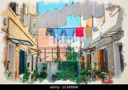 Watercolor drawing of Typical italian courtyard between buildings with brick walls, green plants and flowers in flowerpot, wet clothes hanging on cord, Murano islands, Veneto Region, Northern Italy Stock Photo