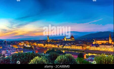 Watercolor drawing of Top aerial panoramic evening view of Florence city with Duomo Santa Maria del Fiore cathedral, Arno river and Palazzo Vecchio palace at night dusk city lights, Tuscany, Italy Stock Photo