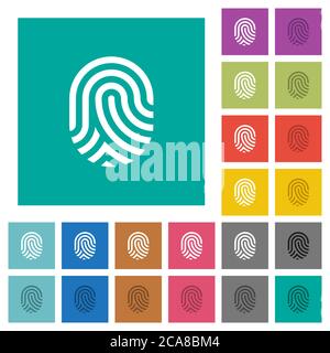 Fingerprint multi colored flat icons on plain square backgrounds. Included white and darker icon variations for hover or active effects. Stock Vector