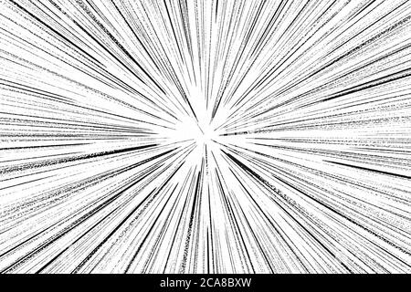 Black and white radial lines spped light or light rays comic book style background.  Manga or anime speed drawing graphic black radial zoom line on wh Stock Photo