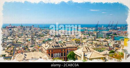 Watercolor drawing of Top aerial scenic panoramic view of old historical centre quarter districts, panorama of european city Genoa, port and harbor of Ligurian and Mediterranean Sea, Liguria, Italy Stock Photo