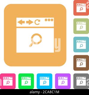Browser search flat icons on rounded square vivid color backgrounds. Stock Vector