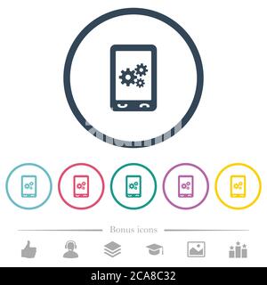 Mobile preferences flat color icons in round outlines. 6 bonus icons included. Stock Vector