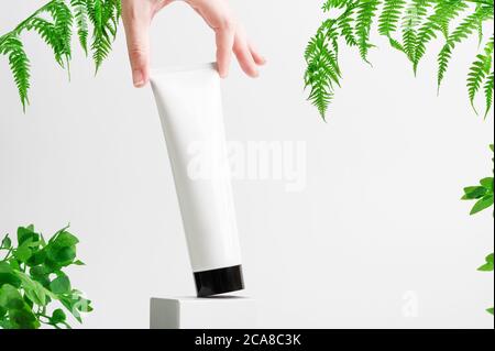 Female hand holding unbranded tube. Plastic flacon for cream, body lotion or toiletry. Container for cosmetics product. Skincare and beauty concept. M Stock Photo
