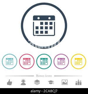 Hanging calendar flat color icons in round outlines. 6 bonus icons included. Stock Vector