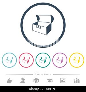 Empty open coffer flat color icons in round outlines. 6 bonus icons included. Stock Vector
