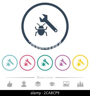 Bug fixing flat color icons in round outlines. 6 bonus icons included. Stock Vector