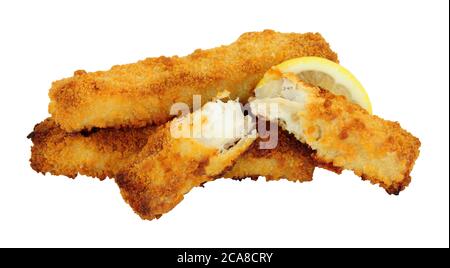 Group of jumbo breadcrumb covered cod fish fingers isolated on a white background Stock Photo