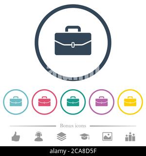 Satchel with one buckle flat color icons in round outlines. 6 bonus icons included. Stock Vector