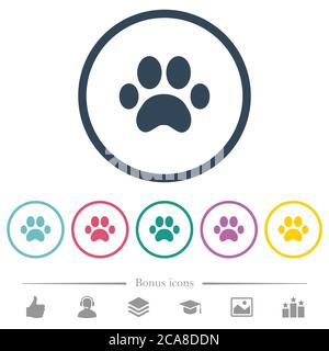 Paw prints flat color icons in round outlines. 6 bonus icons included. Stock Vector
