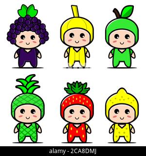 Cute fruit mascot character set collection. Vector cartoon illustration design. Isolated on white background. Stock Photo