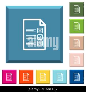 Questionnaire document white icons on edged square buttons in various trendy colors Stock Vector