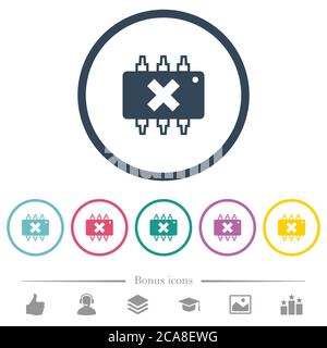 Hardware failure flat color icons in round outlines. 6 bonus icons included. Stock Vector