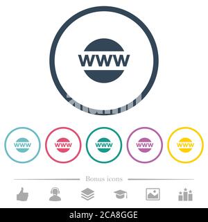 Domain name flat color icons in round outlines. 6 bonus icons included. Stock Vector