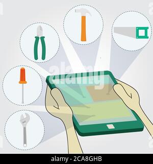 choosing tools on tablet: hammer, screwdriver, wrench, saw, pliers. Surfing the tablet. Stock Vector
