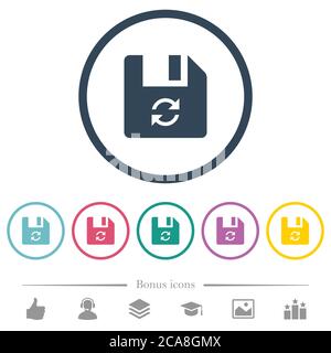 Refresh file flat color icons in round outlines. 6 bonus icons included. Stock Vector
