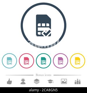 SIM card accepted flat color icons in round outlines. 6 bonus icons included. Stock Vector
