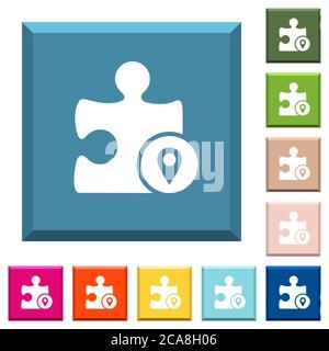 GPS plugin white icons on edged square buttons in various trendy colors Stock Vector