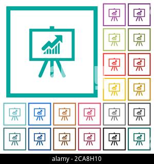 Presentation table with rising graph flat color icons with quadrant frames on white background Stock Vector