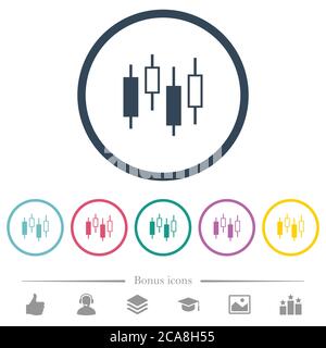Candlestick chart flat color icons in round outlines. 6 bonus icons included. Stock Vector