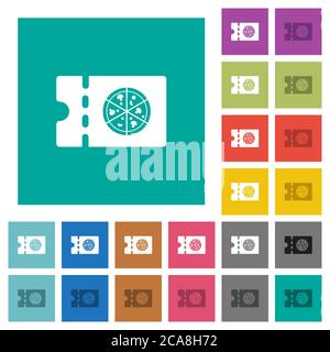 Pizzeria discount coupon multi colored flat icons on plain square backgrounds. Included white and darker icon variations for hover or active effects. Stock Vector