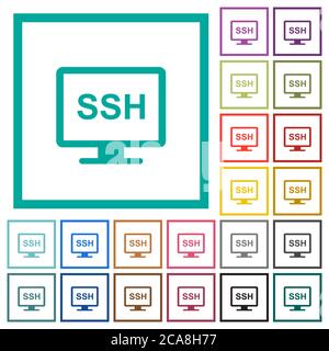 SSH terminal flat color icons with quadrant frames on white background Stock Vector