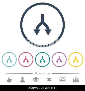 Split arrows down flat color icons in round outlines. 6 bonus icons included. Stock Vector