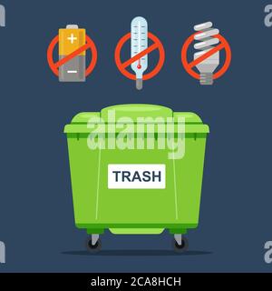 Prohibited waste that must not be thrown into a regular waste container. thermometers, batteries and fluorescent lamps. flat vector illustration. Stock Vector