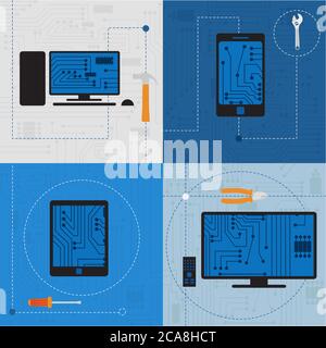 Electronic circuit of technological devices like tablet, smarthphone, tv, personal computer, plus tools. Stock Vector