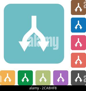 Split arrows down white flat icons on color rounded square backgrounds Stock Vector
