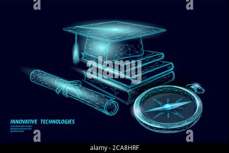 Compass graduation cap education. E-learning distance concept. Graduate certificate international global program concept. Low poly 3D internet Stock Vector