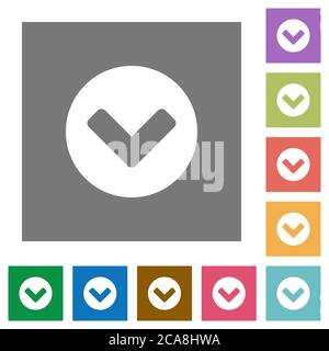 Chevron down flat icons on simple color square backgrounds Stock Vector