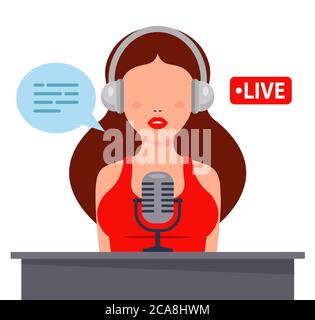 nice girl in headphones records podcast on a microphone. flat character vector illustration Stock Vector