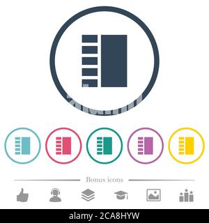 Vertical tabbed layout flat color icons in round outlines. 6 bonus icons included. Stock Vector