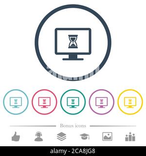 Busy computer flat color icons in round outlines. 6 bonus icons included. Stock Vector