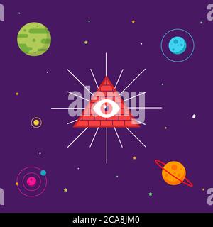 Masonic symbol in space. pyramid with an eye in the sky among the planets. flat vector illustration. Stock Vector