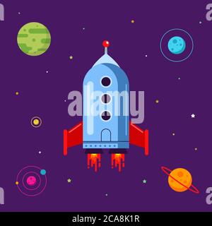 toy spaceship travels the universe. multi-colored planets. flat vector illustration. Stock Vector