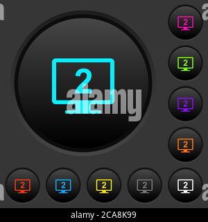Secondary display dark push buttons with vivid color icons on dark grey background Stock Vector