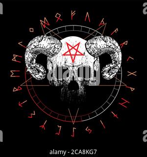 T-shirt vector design of a diabolic skull over an inverted star and runic characters isolated on black. Poster Stock Vector