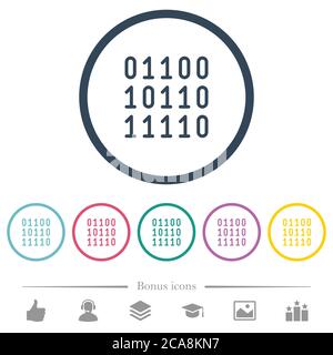 Binary code flat color icons in round outlines. 6 bonus icons included. Stock Vector