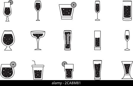 Cocktails glasses cups silhouette style set of icons design, Alcohol drink bar and beverage theme Vector illustration Stock Vector