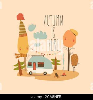 Little trailer standing in autumnal forest. Hello autumn Stock Vector