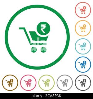 Checkout with Rupee cart flat color icons in round outlines on white background Stock Vector