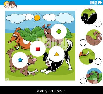 Cartoon Illustration of Educational Match the Pieces Jigsaw Puzzle Task for Children with Dogs Animal Characters Group Stock Vector
