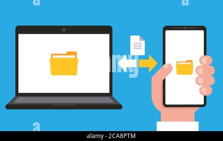synchronization of data and documents on a computer and smartphone. vector flat illustration. Stock Vector