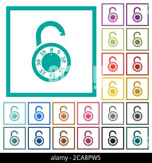 Unlocked round combination lock flat color icons with quadrant frames on white background Stock Vector