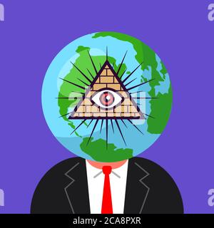 world government of freemasons. man with a planet on his head. flat vector illustration Stock Vector