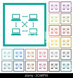 Content delivery network flat color icons with quadrant frames on white background Stock Vector