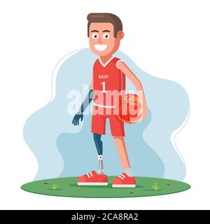A disabled person without legs and arms uses prostheses and plays basketball. Flat character vector illustration. Stock Vector