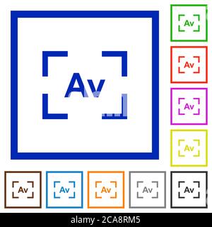 Camera aperture value mode flat color icons in square frames on white background Stock Vector